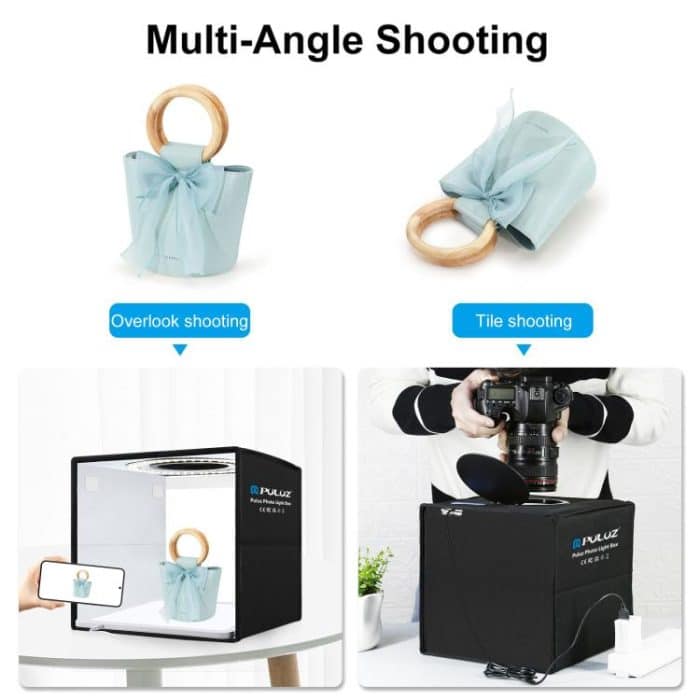 PULUZ 25 cm faltbare, tragbare Ring-LED-Fotobeleuchtungs-Studio-Zeltbox mit hohem CRI + schattenloses Lichtlampen-Panel-Pad mit 12 Farben Hintergründen, Größe: 25 cm x 25 cm x 25 cm, 25cm High CRI Box + Shadowless Light... – Bild 13