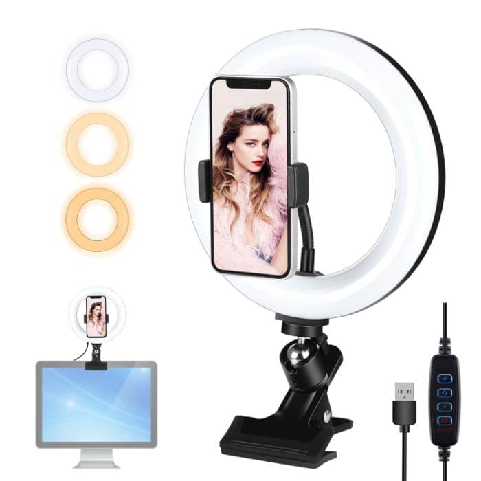 PULUZ 7,9 Zoll 20 cm Ring-Selfie-Licht + Monitor-Clip, 3 Modi, USB, dimmbar, Dual-Farbtemperatur, LED, gebogen, Vlogging, Fotografie, Videolicht-Sets mit Telefonklemme, 7.9 inch+Clip – Bild 1