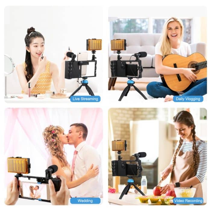 PULUZ 4-in-1 Bluetooth-Handheld-Vlogging-Live-Übertragung, LED-Selfie-Licht, Smartphone-Video-Rig-Kits mit Mikrofon + Stativhalterung + Kaltschuh-Stativkopf für iPhone, Galaxy, Huawei, Xiaomi, HTC, LG, Google und andere Smartphones, 4 in 1 Bluetooth Rig – Bild 7