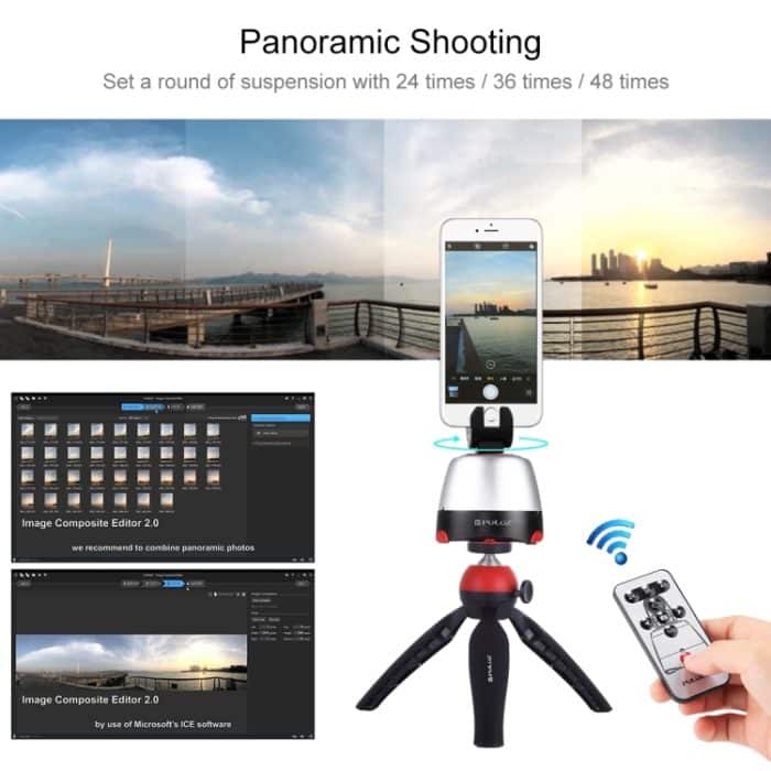 PULUZ Elektronischer 360-Grad-Dreh-Panoramakopf + Stativhalterung + GoPro-Klemme + Telefonklemme mit Fernbedienung für Smartphones, GoPro, DSLR-Kameras, Head Tripod, Pano Head Tripod, Head Tripod(US) – Bild 13