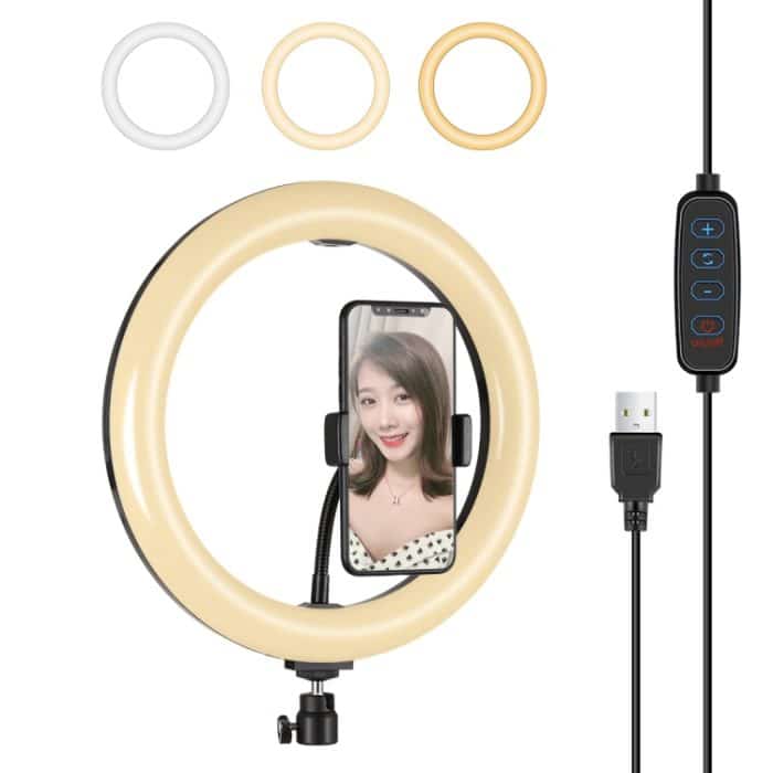 Puluz 10,2 Zoll 26 cm USB 3 Modi Dimmable LED Ring Vlogging Selfie Schönheit Fotografie Video Lichter mit Stativ Kugelkopf & Telefonklemme (schwarz) – Bild 1