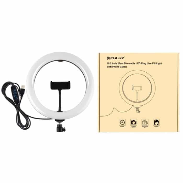 Puluz 10,2 Zoll 26 cm USB 3 Modi Dimmable LED Ring Vlogging Selfie Schönheit Fotografie Video Lichter mit Stativ Kugelkopf & Telefonklemme (schwarz) – Bild 8