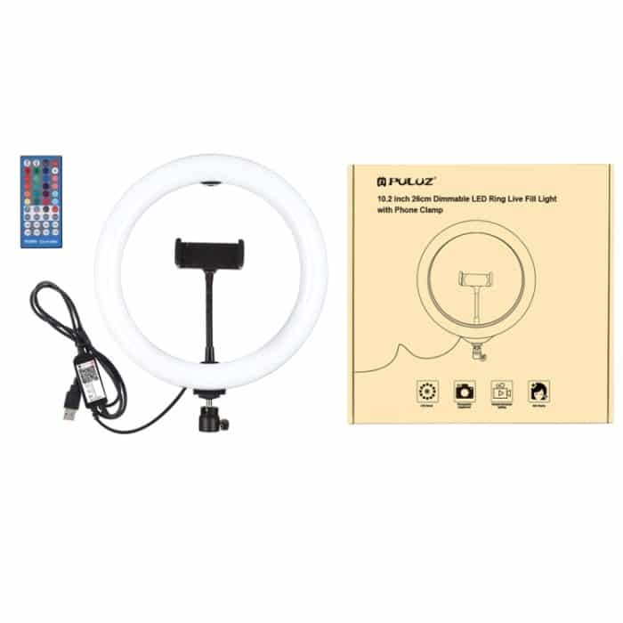 PULUZ 10,2 Zoll 26 cm USB RGBW Dimmbare LED-Ring-Vlogging-Fotografie-Videoleuchten mit Stativ-Kugelkopf & Fernbedienung & Telefonklemme, 10.2 inch RGBW / Remote – Bild 13