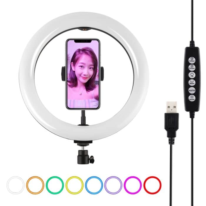 PULUZ 10,2 Zoll 26 cm USB 10 Modi 8 Farben RGBW Dimmbare LED-Ring-Vlogging-Fotografie-Videoleuchten mit Kaltschuh-Stativ-Kugelkopf und Telefonklemme, 10.2 inch RGBW – Bild 1