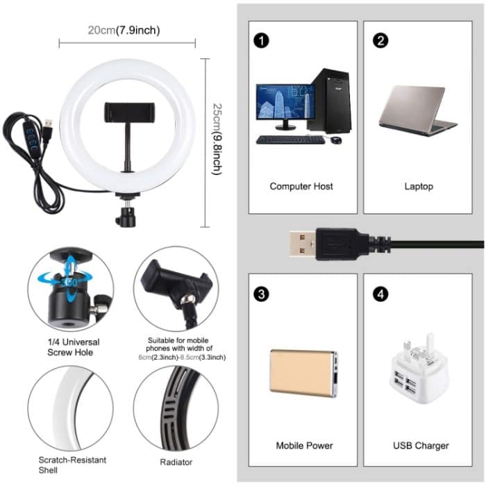 PULUZ 7,9 Zoll 20 cm USB 3 Modi Dimmbar Dual Farbtemperatur LED gebogener Lichtring Vlogging Selfie Fotografie Videoleuchten mit Telefonklemme, 7.9 inch – Bild 3
