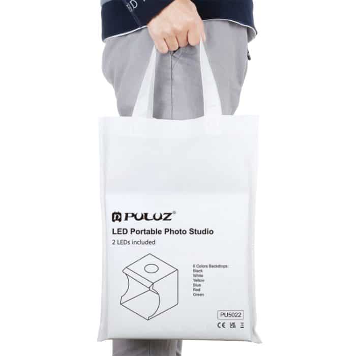 PULUZ 20cm Enthält 2 LED-Panels Faltbare tragbare 1100LM Licht Fotobeleuchtung Studio Shooting Zelt Box Kit mit 6 Farben Hintergrund (Schwarz, Weiß, Gelb, Rot, Grün, Blau), Aufklappbare Größe: 24cm x 23cm x 23cm – Bild 11