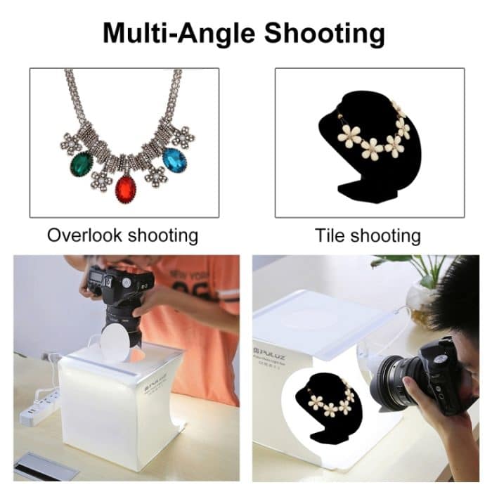 PULUZ 20cm Enthält 2 LED-Panels Faltbare tragbare 1100LM Licht Fotobeleuchtung Studio Shooting Zelt Box Kit mit 6 Farben Hintergrund (Schwarz, Weiß, Gelb, Rot, Grün, Blau), Aufklappbare Größe: 24cm x 23cm x 23cm – Bild 8