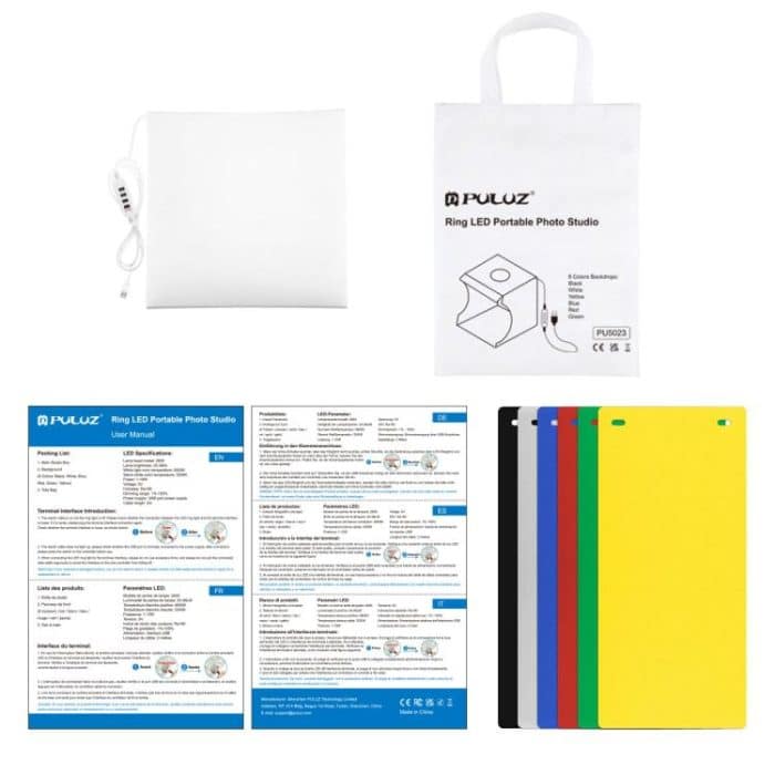 PULUZ 23cm Ring LED Panel Folding Tragbares Licht Photo Lighting Studio Shooting Zelt Box Kit mit 6 Farben Hintergrund (Schwarz, Weiß, Gelb, Rot, Grün, Blau), Entfaltungsgröße: 24cm x 23cm x 23cm – Bild 12