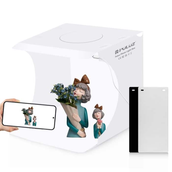 PULUZ 20 cm faltbares, tragbares 550 lm Licht, Fotobeleuchtung, Studio-Aufnahmezelt, Box-Set mit 2 farbigen Hintergründen (schwarz, weiß), aufgeklappte Größe: 24 cm x 23 cm x 23 cm – Bild 1