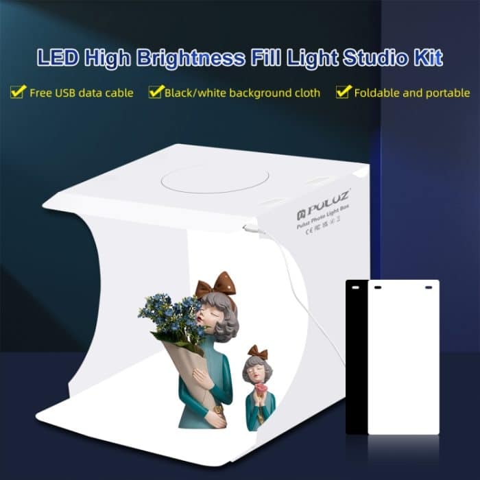 PULUZ 20 cm faltbares, tragbares 550 lm Licht, Fotobeleuchtung, Studio-Aufnahmezelt, Box-Set mit 2 farbigen Hintergründen (schwarz, weiß), aufgeklappte Größe: 24 cm x 23 cm x 23 cm – Bild 2