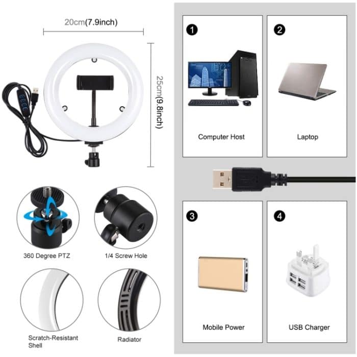 PULUZ 7,9 Zoll 20 cm USB 3 Modi Dimmbar Dual Farbtemperatur LED gebogener Lichtring Vlogging Selfie Fotografie Videoleuchten mit Spiegel, 7.9 inch with mirror – Bild 3