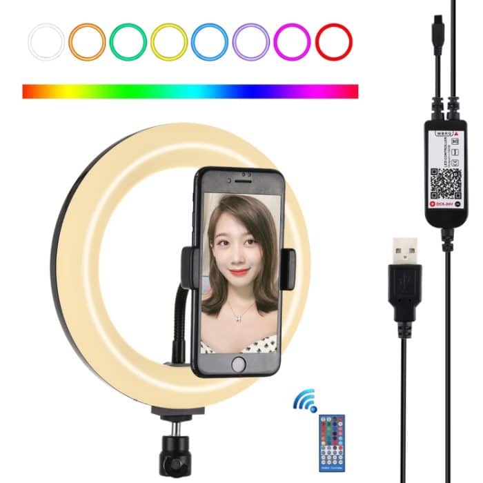 PULUZ 7,9 Zoll 20 cm USB RGB Dimmbare LED Dual Farbtemperatur LED gebogener Lichtring Vlogging Selfie Fotografie Videoleuchten mit Telefonklemme, 7.9 inch RGBW – Bild 1