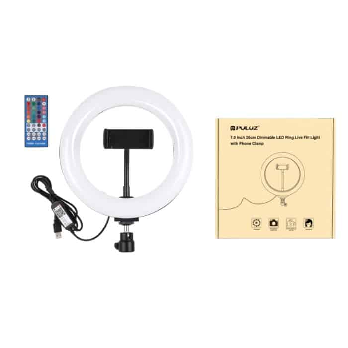 PULUZ 7,9 Zoll 20 cm USB RGB Dimmbare LED Dual Farbtemperatur LED gebogener Lichtring Vlogging Selfie Fotografie Videoleuchten mit Telefonklemme, 7.9 inch RGBW – Bild 12