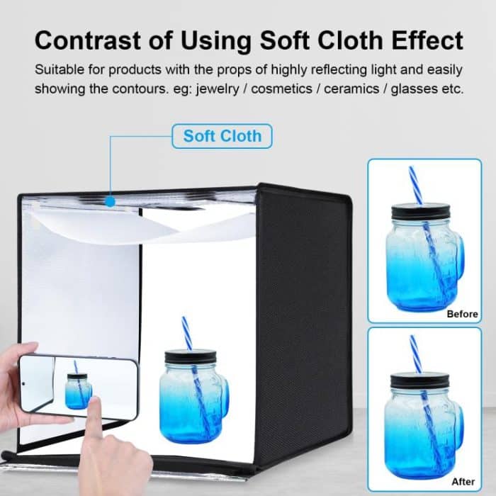 PULUZ 40 cm faltbares tragbares 24 W 5500 K weißes Licht, dimmbare Fotobeleuchtung, Studio-Aufnahmezelt-Box-Set mit 6 Hintergrundfarben (Schwarz, Orange, Weiß, Rot, Grün, Blau)., 40cm Box(UK/AE), 40cm Box(US), 40cm Box(UK), 40cm Box(EU), 40cm Box(AU) – Bild 9