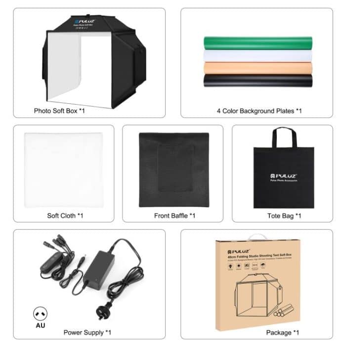 PULUZ 40 cm faltbares 72 W 5500 K Studio-Aufnahmezelt Softbox Fotografie-Beleuchtungsset mit 4 Farben (Schwarz, Orange, Weiß, Grün) Hintergründen, 40cm Folding 72W(AU Plug), 40cm Folding 72W(EU Plug), 40cm Folding 72W(UK Plug), 40cm Folding 72W(US Plug) – Bild 12