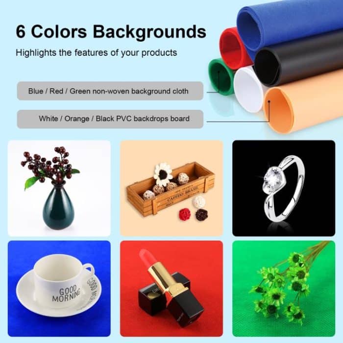 PULUZ Fotostudio-Lichtbox, tragbar, 60 x 60 x 60 cm, Lichtzelt, LED, 5500 K weißes Licht, dimmbar, Mini 36 W, Fotostudio-Zelt-Set mit 6 abnehmbaren Hintergründen (Schwarz, Orange, Weiß, Grün, Blau, Rot), 60cm Box(US), 60cm Box(UK), 60cm Box(EU)... – Bild 7