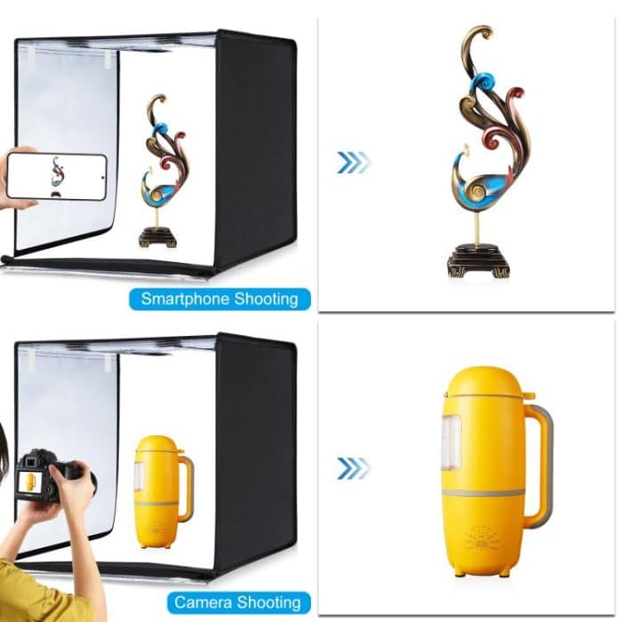 PULUZ Fotostudio-Lichtbox, tragbar, 60 x 60 x 60 cm, Lichtzelt, LED, 5500 K weißes Licht, dimmbar, Mini 36 W, Fotostudio-Zelt-Set mit 6 abnehmbaren Hintergründen (Schwarz, Orange, Weiß, Grün, Blau, Rot), 60cm Box(US), 60cm Box(UK), 60cm Box(EU)... – Bild 10