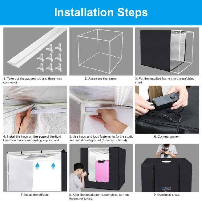 PULUZ 80 cm faltbares tragbares 90 W 14.000 lm hohes CRI-Weißlicht-Fotobeleuchtungs-Studio-Schießzelt-Box-Set mit 3 Farben Schwarz, Weiß, Orange Hintergründe – Bild 12