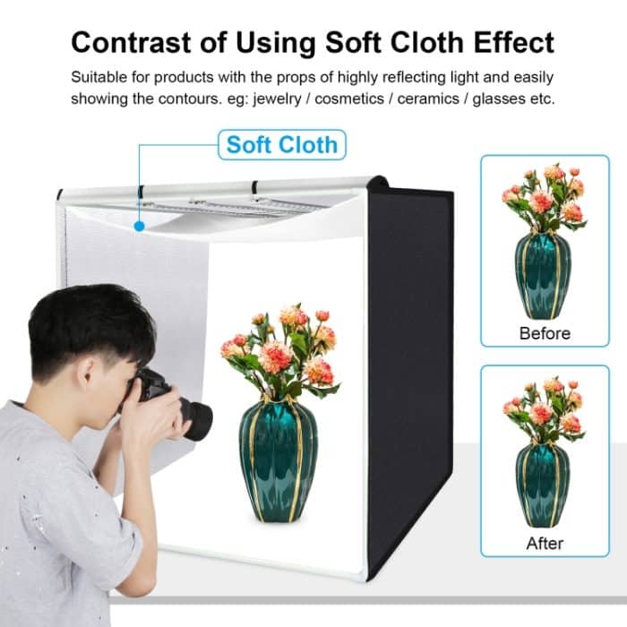 PULUZ 80 cm faltbares tragbares 90 W 14.000 lm hohes CRI-Weißlicht-Fotobeleuchtungs-Studio-Schießzelt-Box-Set mit 3 Farben Schwarz, Weiß, Orange Hintergründe – Bild 9