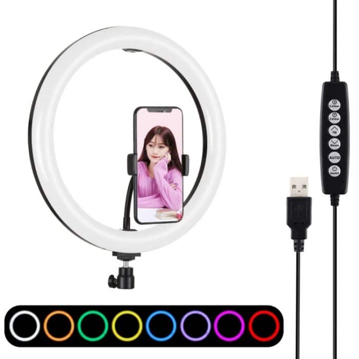 PULUZ 11,8 Zoll 30 cm gebogene Oberfläche USB 10 Modi 8 Farben RGBW Dimmbare LED-Ring-Vlogging-Fotografie-Videoleuchten mit Stativ-Kugelkopf und Telefonklemme, 11.8 inch Button Control – Bild 1