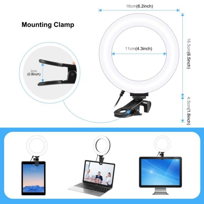 PULUZ 6,2 Zoll 16 cm Ring-Selfie-Licht 3 Modi USB dimmbar Dual-Color-Temperatur LED gebogene Vlogging-Fotografie-Videoleuchten mit Monitor-Clip-Halterung, 6.2 inch Light+Clip – Bild 2