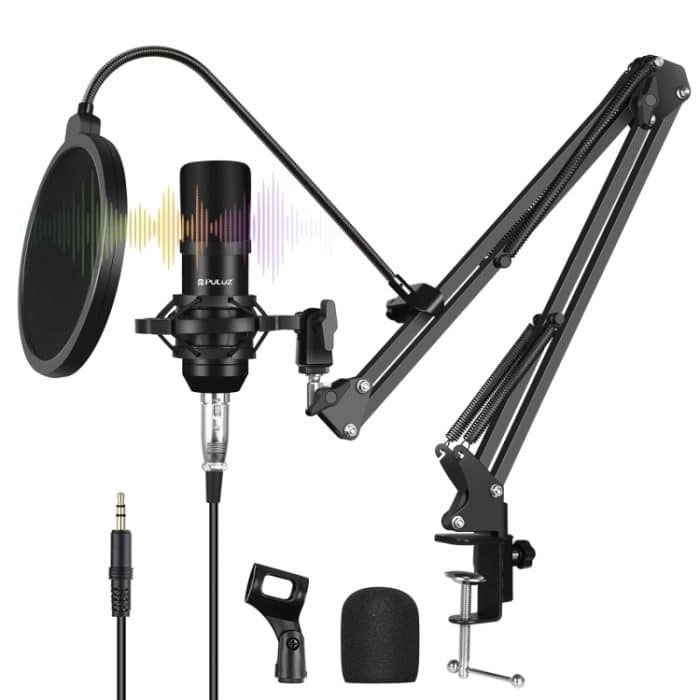 PULUZ Kondensatormikrofon Studio Broadcast Professionelle Gesangsmikrofon-Kits mit aufgehängtem Scherenarm & Metall-Stoßdämpferhalterung & USB-Soundkarte, Microphone Kits (Black), Microphone Kits (Gold), Microphone Kits (Silver) – Bild 1
