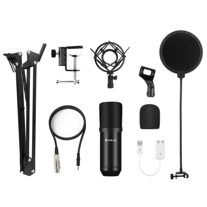PULUZ Kondensatormikrofon Studio Broadcast Professionelle Gesangsmikrofon-Kits mit aufgehängtem Scherenarm & Metall-Stoßdämpferhalterung & USB-Soundkarte, Microphone Kits (Black), Microphone Kits (Gold), Microphone Kits (Silver) – Bild 8