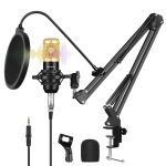 PULUZ Kondensatormikrofon Studio Broadcast Professionelle Gesangsmikrofon-Kits mit aufgehängtem Scherenarm & Metall-Stoßdämpferhalterung & USB-Soundkarte, Stromversorgung über 48 V, 48V Microphone Kits (Gold)
