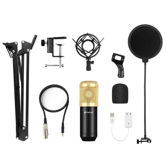 PULUZ Kondensatormikrofon Studio Broadcast Professionelle Gesangsmikrofon-Kits mit aufgehängtem Scherenarm & Metall-Stoßdämpferhalterung & USB-Soundkarte, Stromversorgung über 48 V, 48V Microphone Kits (Gold) – Bild 9