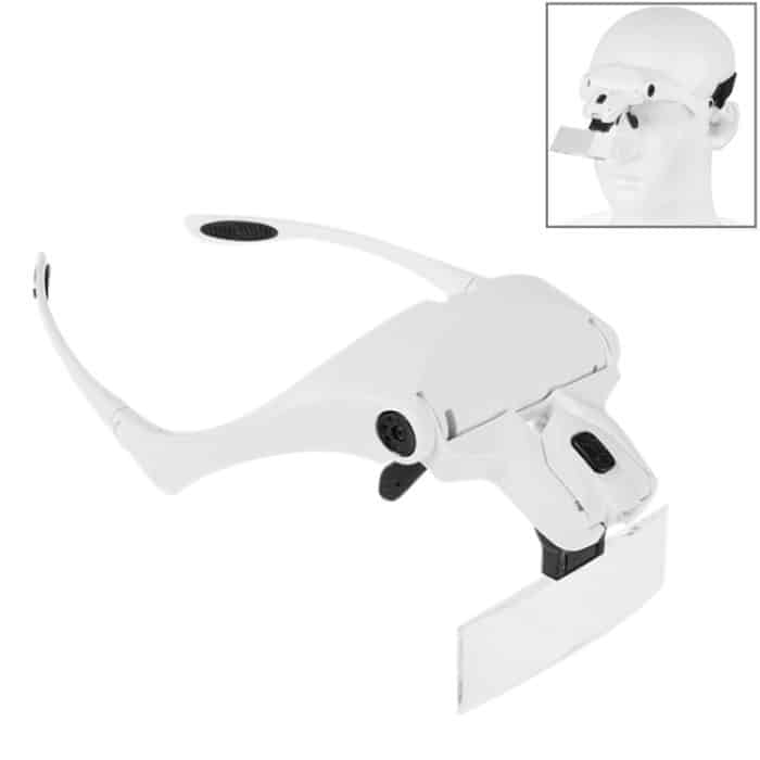 S-CA-0445W.jpg 5 Linsen 1,0X-3,5X Lupenbrillenhalterung Stirnbandlupe mit 2 LED-Leuchten Augenvergrößerungsbrille Vergrößerungswerkzeug, 5 Lens 1.0X-3.5X (White) – Bild 1