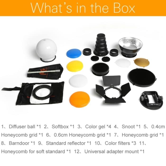 Falcon Eyes SG-100 Speedlite Zubehör-Kit, Universaladapterhalterung / Barndoor / Snoot / Wabe / Standardreflektor / Wabe für Weichreflektor / Diffusorkugel / Farbgel / Softbox – Bild 2