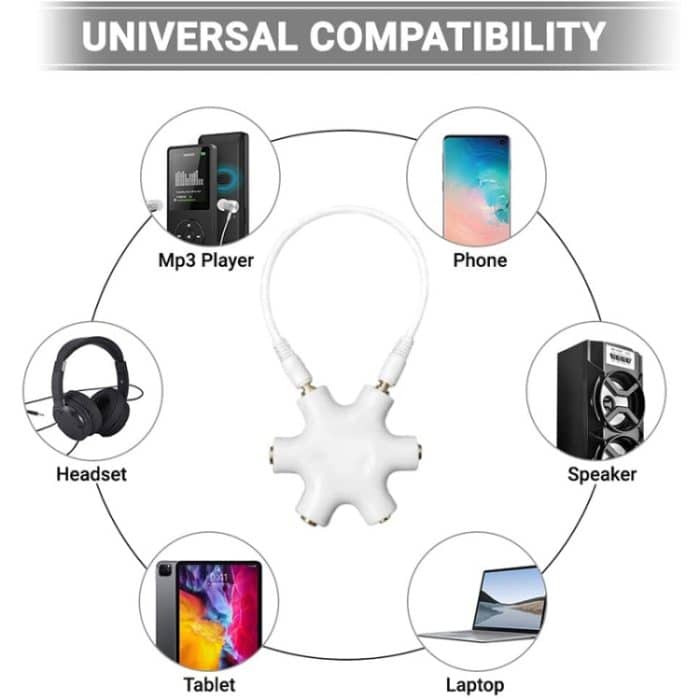 6 Anschlüsse Audio -Splitter -Kopfhöreranschluss mit 3,5 -mm -Audiokabel, kompatibel mit Telefonen, Tablets, Kopfhörern, MP3 -Player, Auto-/Heimstereo und mehr (weiß) – Bild 4