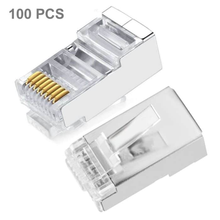 Hochwertiger geschirmter RJ45-Stecker Cat5 8P8C Lan Connector Network (100 Stück in einer Verpackung, der Preis gilt für 100 Stück) (Silber) – Bild 1