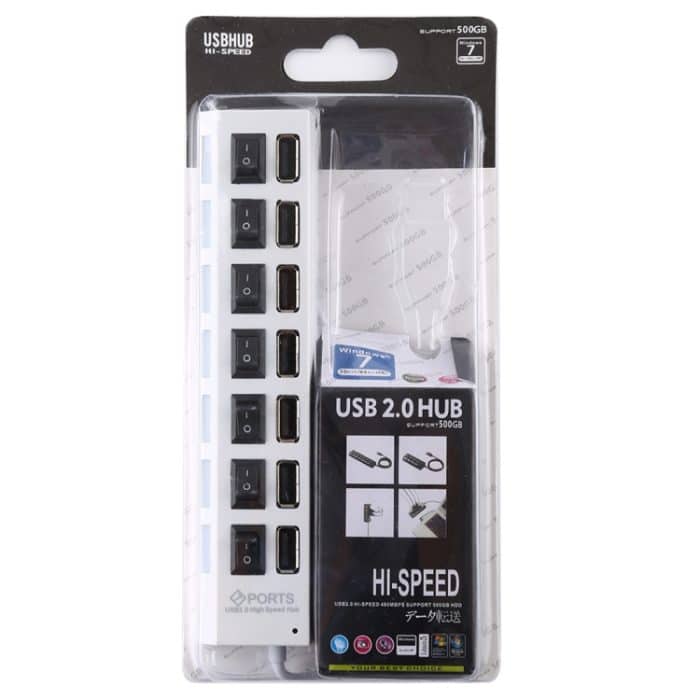 7 Ports USB Hub 2.0 USB Splitter High Speed 480 Mbit/s mit EIN/AUS-Schalter / 7 LEDs, 7 Ports (White), 7 Ports (Black) – Bild 5