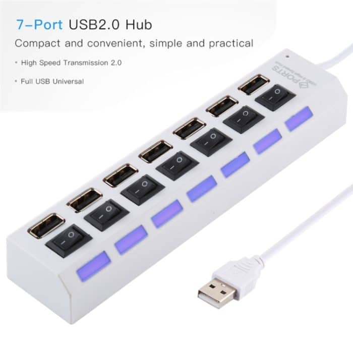 7 Ports USB Hub 2.0 USB Splitter High Speed 480 Mbit/s mit EIN/AUS-Schalter / 7 LEDs, 7 Ports (White), 7 Ports (Black) – Bild 6