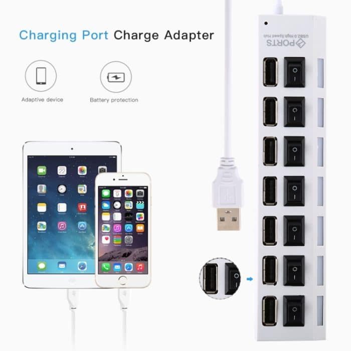 7 Ports USB Hub 2.0 USB Splitter High Speed 480 Mbit/s mit EIN/AUS-Schalter / 7 LEDs, 7 Ports (White), 7 Ports (Black) – Bild 7