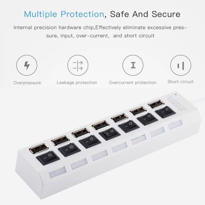 7 Ports USB Hub 2.0 USB Splitter High Speed 480 Mbit/s mit EIN/AUS-Schalter / 7 LEDs, 7 Ports (White), 7 Ports (Black) – Bild 8