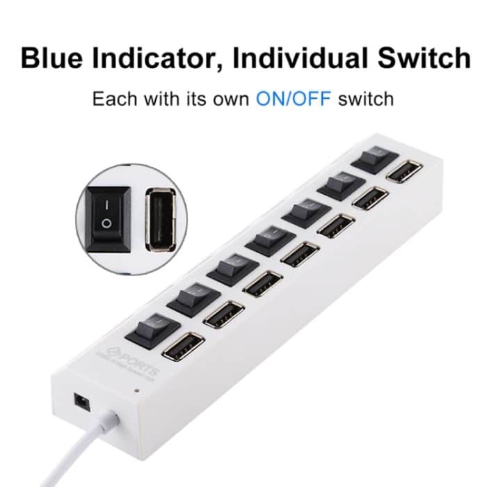 7 Ports USB Hub 2.0 USB Splitter High Speed 480 Mbit/s mit EIN/AUS-Schalter / 7 LEDs, 7 Ports (White), 7 Ports (Black) – Bild 9