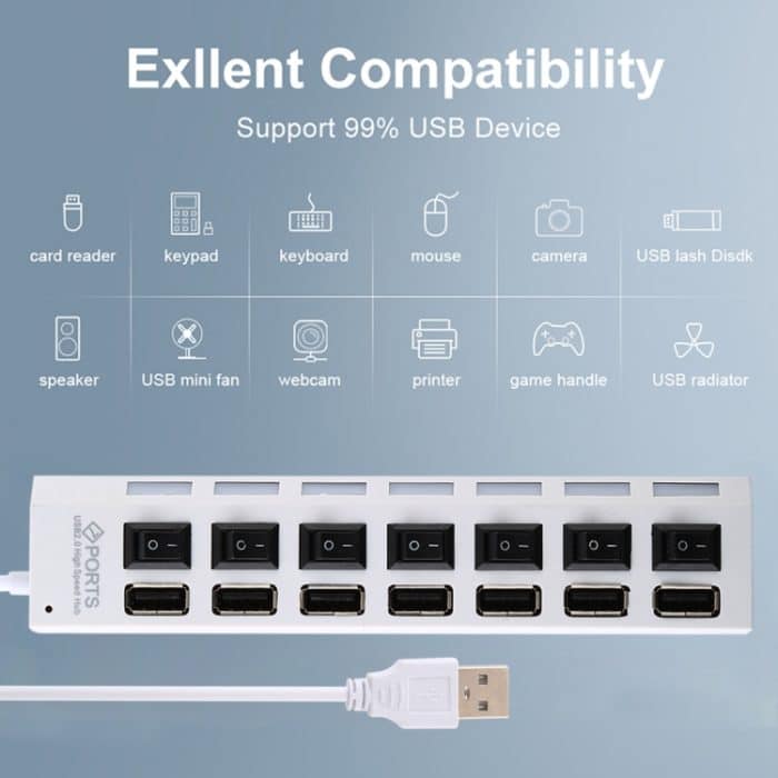 7 Ports USB Hub 2.0 USB Splitter High Speed 480 Mbit/s mit EIN/AUS-Schalter / 7 LEDs, 7 Ports (White), 7 Ports (Black) – Bild 10