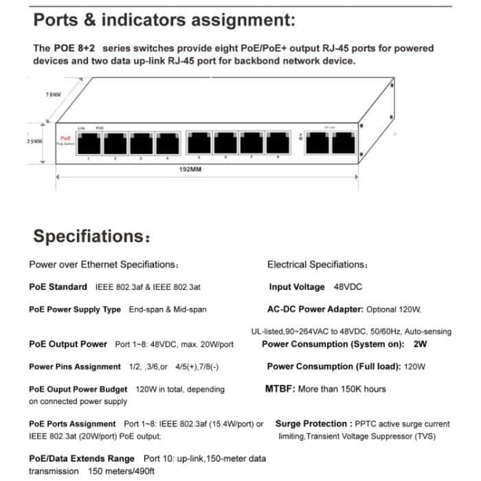 ESCAM POE 8+2 10-Port Fast Ethernet Switch 8-Port POE 10/100M 120W Netzwerk-Switch, Übertragungsentfernung: 150m, 10 Ports – Bild 9