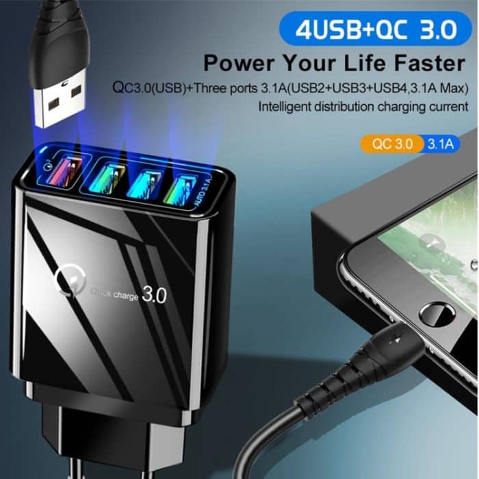 30 W QC 3.0 USB + 3 USB 2.0-Anschlüsse für Mobiltelefone, Tablets, PCs, universelles Schnellladegerät, Reiseladegerät, EU-Stecker, EU Plug – Bild 3