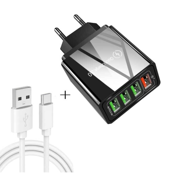 SYA001083901A.jpg 2 in 1 USB auf USB-C/Typ-C Datenkabel + 30 W QC 3.0 4 USB-Schnittstellen Handy Tablet PC Universal Schnellladegerät Reiseladegerät Set, EU-Stecker, USB-C / Type-C Set EU Plug – Bild 1