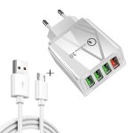 2 in 1 1 m USB-auf-Micro-USB-Datenkabel + 30 W QC 3.0 4 USB-Schnittstellen Handy Tablet PC Universal-Schnellladegerät Reiseladegerät-Set, EU-Stecker, Micro USB Set EU Plug