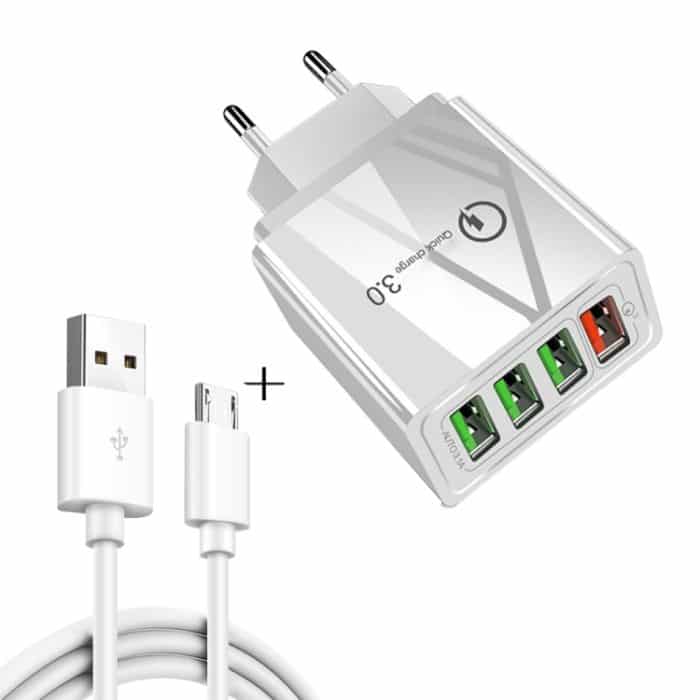 SYA001084501A.jpg 2 in 1 1 m USB-auf-Micro-USB-Datenkabel + 30 W QC 3.0 4 USB-Schnittstellen Handy Tablet PC Universal-Schnellladegerät Reiseladegerät-Set, EU-Stecker, Micro USB Set EU Plug – Bild 1