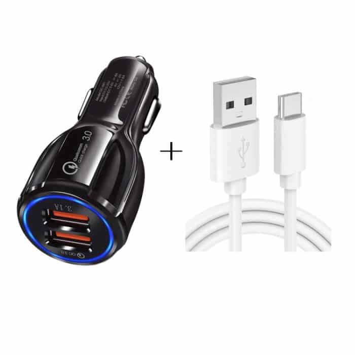 Qc3.0 Dual-USB-Autoaufladung + Typ-C-Schnellladekabel-Autoladeset, Type-C (Black), Type-C (White) – Bild 1