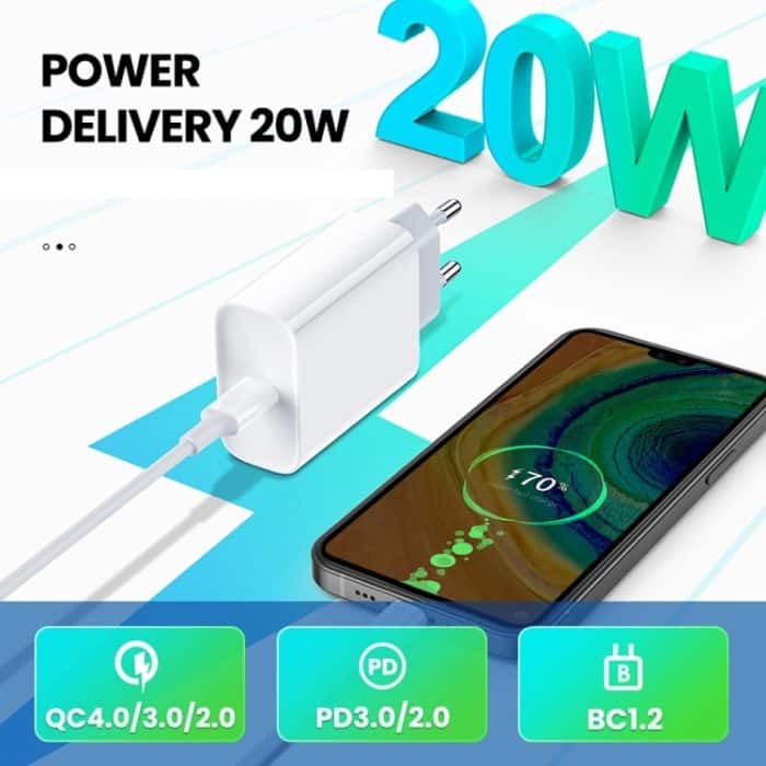 2 in 1 PD 20W Einzel-USB-C / Typ-C-Anschluss-Reiseladegerät + 3A PD3.0 USB-C / Typ-C zu USB-C / Typ-C-Schnellladedatenkabelsatz, Kabellänge: 1 m, EU-Stecker – Bild 3