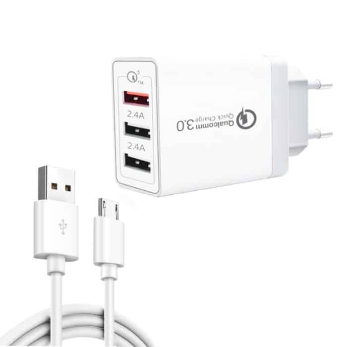 SDC-30W 2 in 1 USB-zu-Micro-USB-Datenkabel + 30W QC 3.0 USB + 2.4A Dual USB 2.0-Anschlüsse Mobiltelefon Tablet PC Universelles Schnellladegerät Reiseladegerät, EU-Stecker – Bild 1
