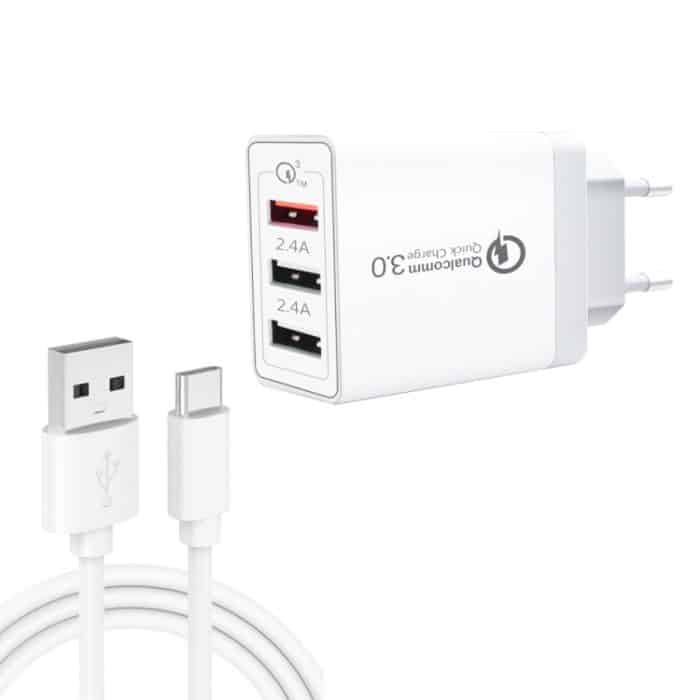 SYA0013033.jpg SDC-30W 2 in 1 USB-zu-USB-C / Typ-C-Datenkabel + 30W QC 3.0 USB + 2.4A Dual USB 2.0-Anschlüsse Handy-Tablet-PC Universal-Schnellladegerät Reiseladegerät, EU-Stecker – Bild 1