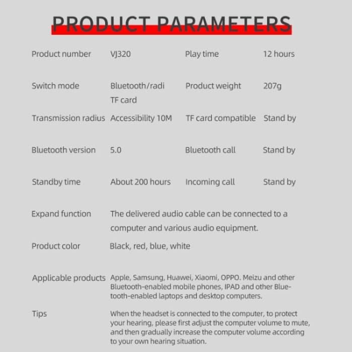 VJ320 Bluetooth 5.0 Kopfmontierte faltbare kabellose Kopfhörer unterstützen TF-Karte mit Mikrofon, VJ320 Black, VJ320 Blue, VJ320 Red, VJ320 White – Bild 19