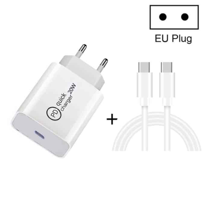 SDC-20W 2 in 1 PD 20W USB-C / Typ-C Reiseladegerät + 3A PD 3.0 USB-C / Typ-C zu USB-C / Typ-C Schnelllade-Datenkabelset, Kabellänge: 2m,, EU Plug, US Plug, UK Plug – Bild 1